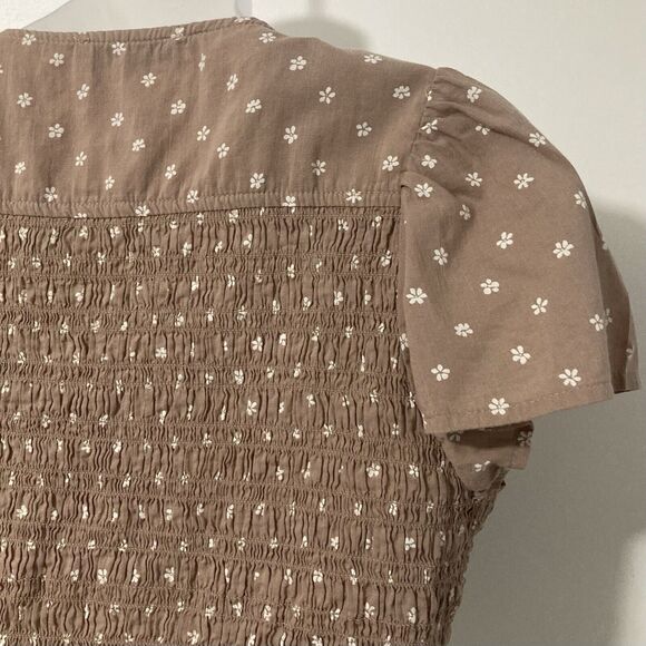 American Eagle Womens Large Crop Top Brown White Floral Boho Smocked Tie Front - Picture 7 of 8